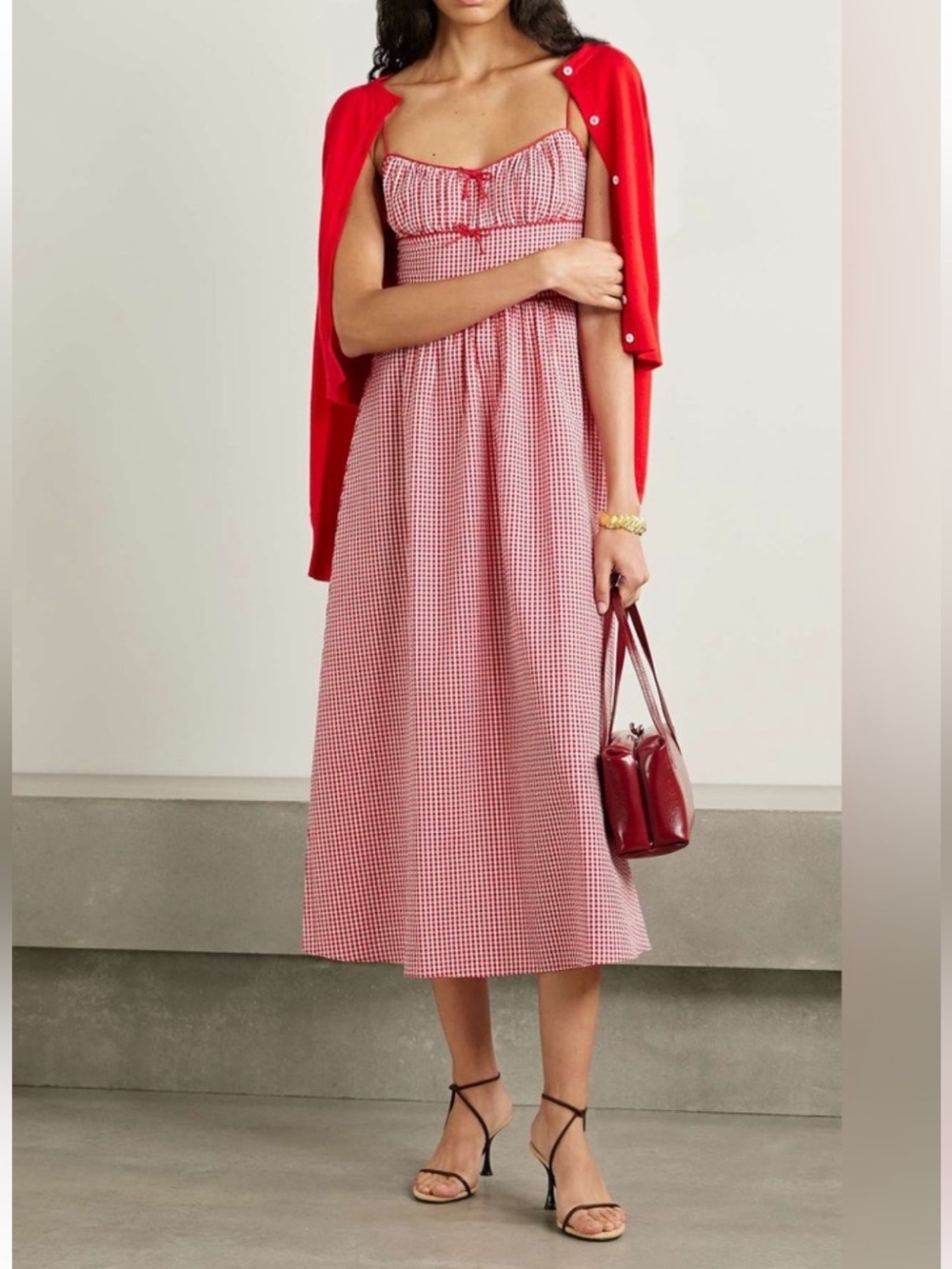 Caroline Constas Red Belline Gingham Tie Midi Dress Size S Small ( Doen
